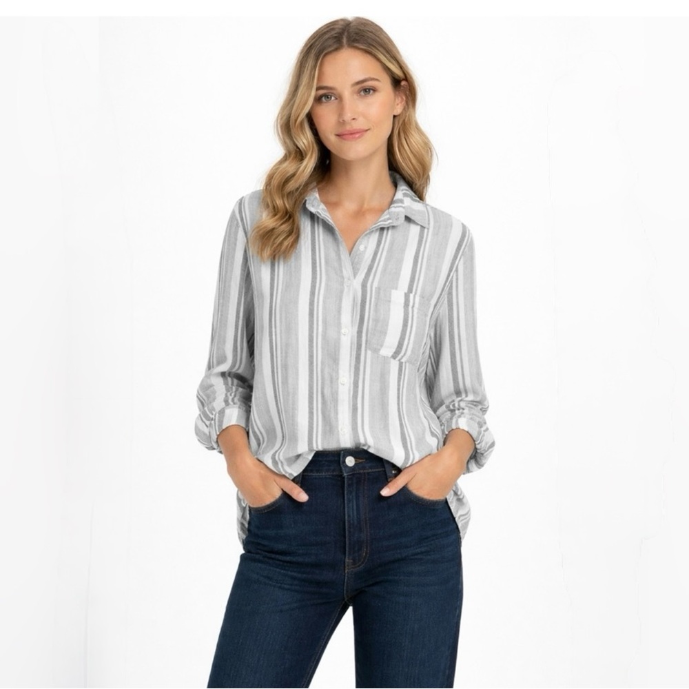 STARK X Double Layer Gauze Cotton Striped Button Up Shirt Size M 💛